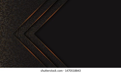 Vector illustration abstract black background textured with golden halftone pattern. Creative decoration element design with dotted ornament. Vibrant trendy texture. Template for banner or poster
