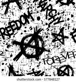 Vector illustration abstract black background with anarchy symbols and lettering anarchy freedom forever. 