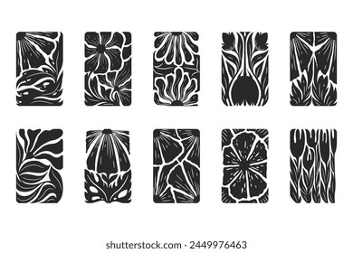 Vektorillustration mit abstrakten schwarzen Blüten, Blättern und Zweigen Icons auf weißem Hintergrund. Moderne florale Design-Vorlagen für Plakatdruck, Broschüre, Karte