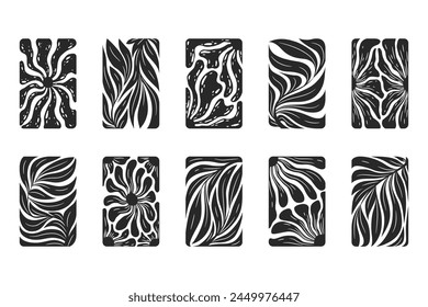 Vector illustration with abstract black leaves, flowers and branches icons isolated on white background. Modern floral design templates for poster print, brochure, card