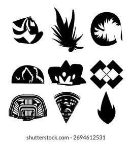 Ilustración vectorial de Formas negras abstractas y simbólicas, incluyendo patrones artísticos e íconos creativos. Ideal diseño, branding, arte decorativo, tatuajes y proyectos de Diseño gráfico moderno.