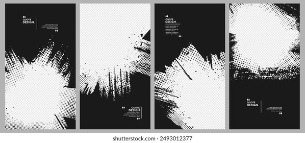 Ilustración vectorial. Abstractas juego de superposiciones de Vertical negra. Diseño de pinceladas de tinta para Plantilla de Web, redes sociales, cubierta superpuesta, Anuncio de Sitio web. Fondo de textura de puntos de semitonos y salpicaduras de pintura