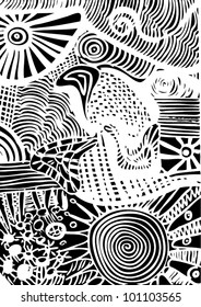 A vector illustration of an abstract black and white pattern drawing.