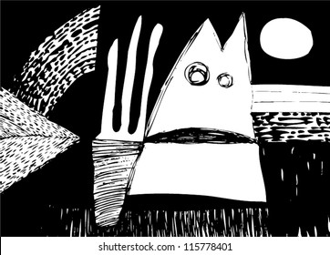 A vector illustration of an abstract black and white creature drawing.