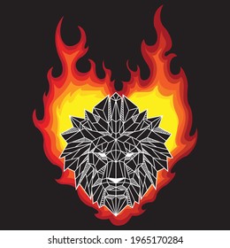 Vector illustration of the Abstract Black And White Color Low Polygon Lion Head On Burning Flames