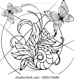 Vector illustration. Abstract black and white butterflies and floral pattern on a white background.