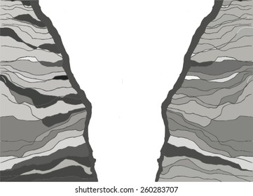 Vector illustration of abstract black & white pastel lines drawing. River, land, mountains, sediment, earth, petrified earth. Your text would fit very well in the middle of image.