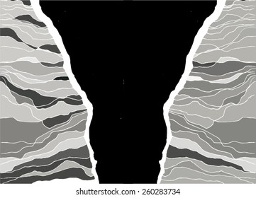 Vector illustration of abstract black & white pastel lines drawing. River, land, mountains, sediment, earth, petrified earth. Your text would fit very well in the middle of image.