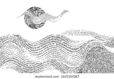 Vector illustration of an abstract black and white seascape with stylized ocean waves, a textured sun, and flowing clouds on a transparent background.