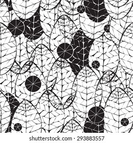 Vector illustration of abstract black and white leaves with circle (seamless pattern)