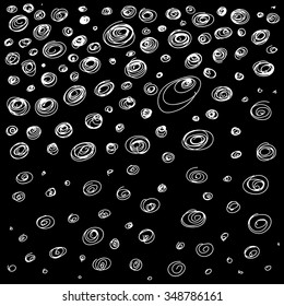 Vector illustration of abstract black and white hand drawn circles on black background