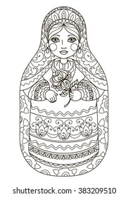 vector illustration, abstract, black and white image, isolate on a white background, coloring book, traditional Russian doll, matryoshka, doodle, national costume, floral ornament, art, design element