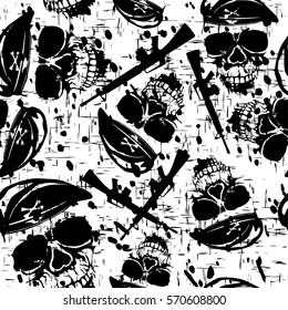 Vector illustration abstract black and white grunge skulls in beret and rifle seamless background for cloth or t-shirt design