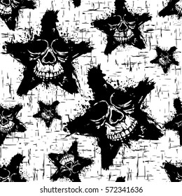 Vector illustration abstract black and white grunge skulls seamless background with stars for cloth or t-shirt design