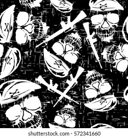 Vector illustration abstract black and white grunge skulls in beret and rifle seamless background for cloth or t-shirt design