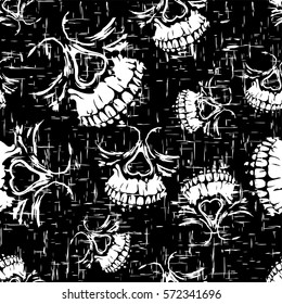 Vector illustration abstract black and white grunge skulls seamless background for cloth or t-shirt design