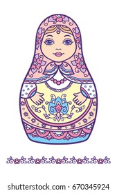 vector illustration, abstract, black and white image, isolate on a white background, coloring book, traditional Russian doll, doodle, national costume, floral ornament