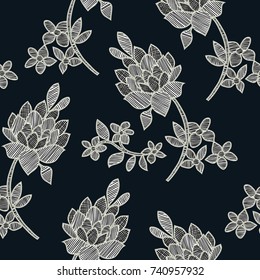 Vector illustration of abstract black and white flowers and leaves seamless pattern. Flowers and leaves made from lines on black background. Hand drawn.