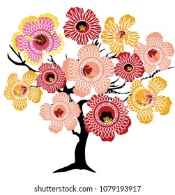 vector illustration of an abstract blossom tree with tropical flowers