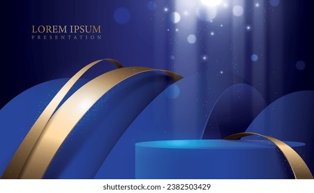 vector illustration abstract blue color luxury presentation podium background element.award backdrop and cosmetic product display and marketing banner, golden curve lines and light rays wallpaper.