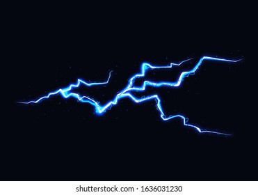 Vector Illustration of Abstract Blue Lightning on Black Background. Power Energy Charge Thunder Shock. Blitz Lightning Thunder Light Sparks Storm Flash Thunderstorm