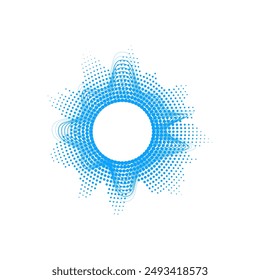 Vector illustration of abstract blue radial sound wave pattern in circular form with dotted halftone effect. Dynamic, modern design creating a vibrant, energetic visual.