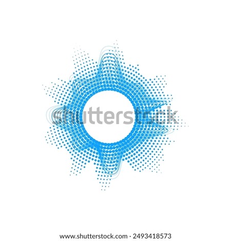 Vector illustration of abstract blue radial sound wave pattern in circular form with dotted halftone effect. Dynamic, modern design creating a vibrant, energetic visual.