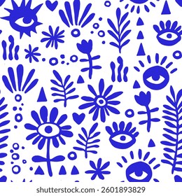 vector illustration, abstract blue seamless pattern with modern ornaments, eyes and flowers.