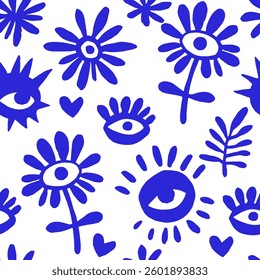 vector illustration, abstract blue seamless pattern with modern ornaments, eyes and flowers.