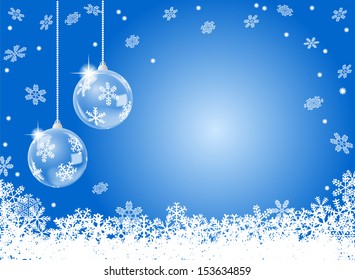 vector illustration of a abstract blue snowflake background with two christmas baubles