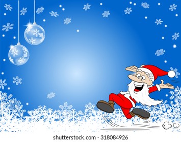 vector illustration of a abstract blue snowflake background with a cartoon santa claus