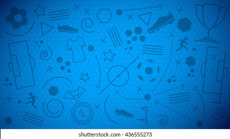 Vector illustration of abstract blue soccer background with different icons and football net pattern for your design