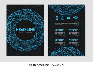 Vector illustration abstract blue sphere on a black background brochure design templates in A4 size. The shine points in the circle. Connections concept