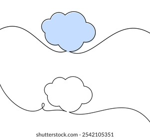 Vector illustration of abstract blue and white clouds connected by flowing black lines in a minimalist style.