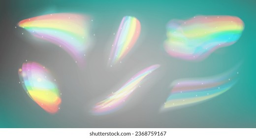 Ilustración vectorial del fondo abstracto de la luz iridiscente borrosa. Conjunto de efecto de prisma de luz arco iris. Reflexión holográfica, superposición de la sombra de la llama de cristal.