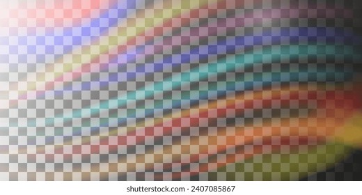 Vector illustration of abstract blurred iridescent light backdrop. Rainbow light prism effect. Hologram reflection, crystal flare leak shadow overlay.