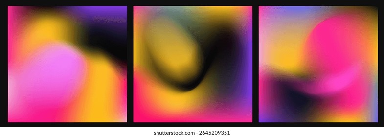 Vector illustration of abstract blurred square backgrounds in vibrant pink, yellow, purple, and black with smooth gradients, reflecting the current “vivid blur” or vibrant gradient trend.