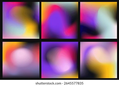 Vector illustration of abstract blurred square backgrounds in vibrant pink, yellow, purple, and black with smooth gradients, reflecting the current “vivid blur” or vibrant gradient trend.