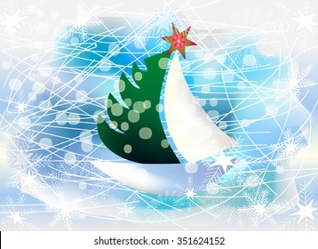 Vector Illustration of abstract boat with christmas tree slipping on ice, shining stars. Idea for X-mas and New Year decoration, banner background and postcard. Cartoon style. 