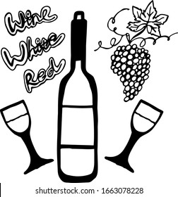  Vektorillustration. Abstrakte Flasche Wein mit Brille und Aufschriften auf weißem Hintergrund. Deckungsdesign.
