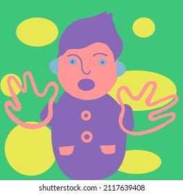 La ilustración vectorial de un niño abstracto con el pelo púrpura está gritando. Un niño tiene miedo de los círculos amarillos.