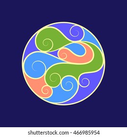 Vector illustration of abstract bright circle with wavy pattern from curls on a dark blue background.