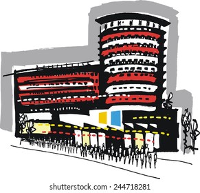 Vector illustration of abstract building at night with pedestrians