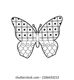 Ilustración vectorial de la mariposa abstracta sobre fondo blanco.  Diseño de líneas de arte para adultos o niños en página de estilo zentangle, tatuaje y coloreado. Foto anti estrés.