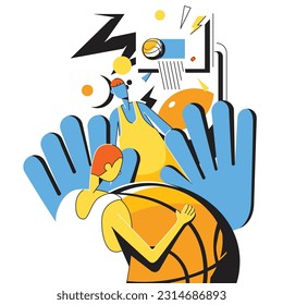 Vector illustration of an abstract cartoon character performing basketball. Cartoon hand drawn trendy. The collection of sport concepts.