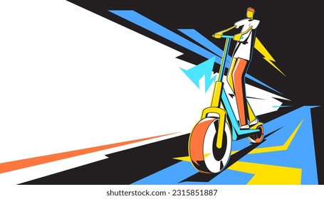 Vector illustration of an abstract cartoon character riding scooter. Cartoon hand drawn trendy. The collection of sport concepts.