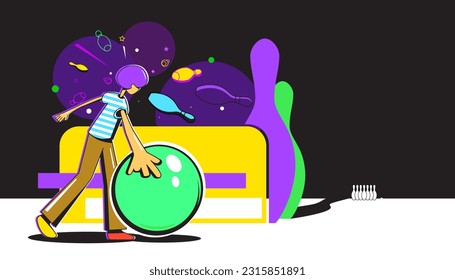 Vector illustration of an abstract cartoon character performing bowling. Cartoon hand drawn trendy. The collection of sport concepts.