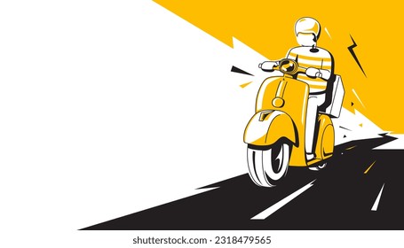 Ilustración vectorial de un personaje de caricatura abstracto montando una moto para mensajero y entregando el fondo del servicio de comida.Dibujo a mano a la moda. Hombre de entrega 