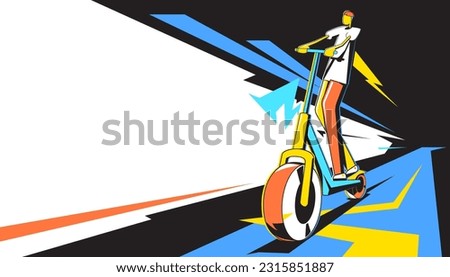 Vector illustration of an abstract cartoon character riding scooter. Cartoon hand drawn trendy. The collection of sport concepts.