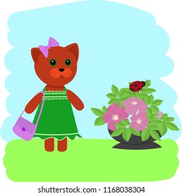 Vector illustration of abstract cartoon red cat in green dress